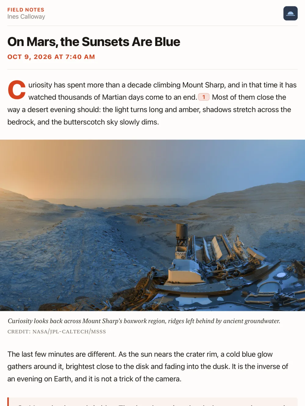 Ember on an iPad, showing the article with a wider column and larger type.