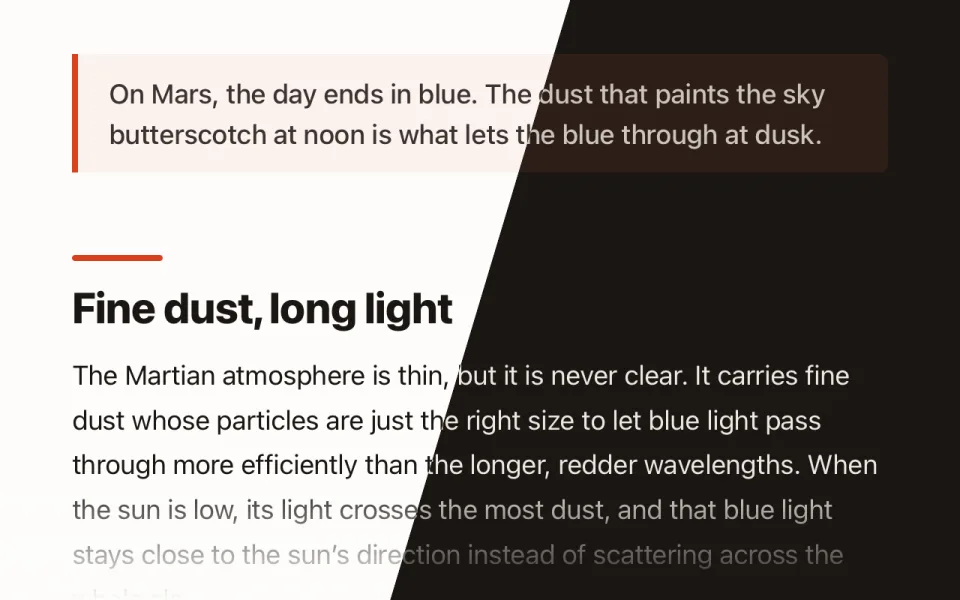 A pull-quote and section heading split diagonally: light mode on the left, dark mode on the right.