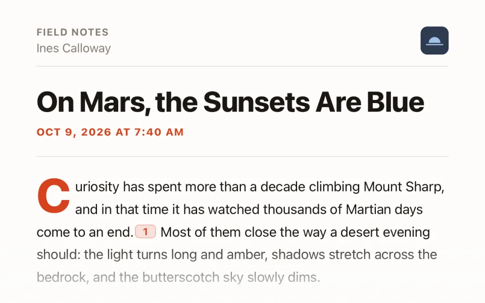 The opening of an article in Ember: a feed name and byline, a large bold headline, a vermilion dateline, and a drop cap.