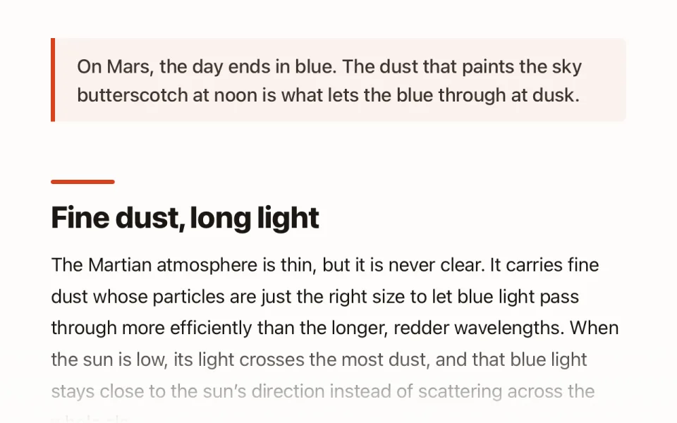 A pull-quote in a tinted panel with an accent rule, followed by a section heading flagged with a short accent bar.